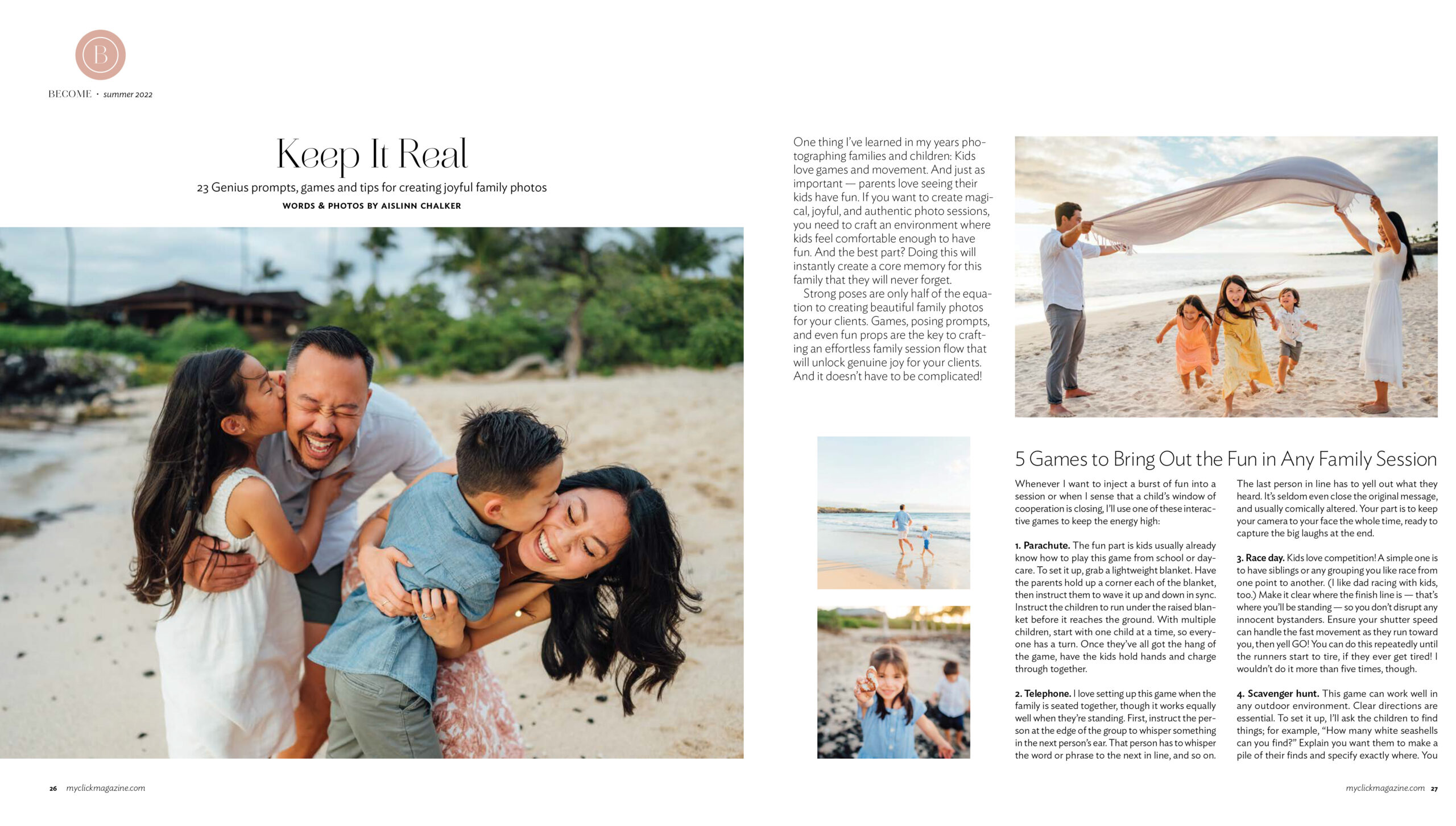 Published Hawaii Family Photographer - Page 1 featuring 5 games to bring out the fun in any family session for Click Magazine Summer 2022