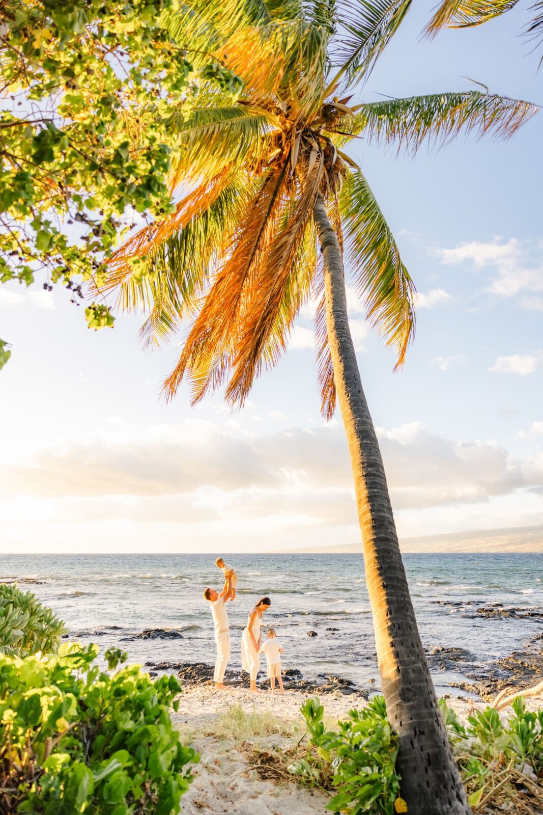 A family of three enjoys a sunny beach under a tall palm tree, with the ocean and cloudy sky in the background. The child sits on one adults shoulders while the other holds their hand.